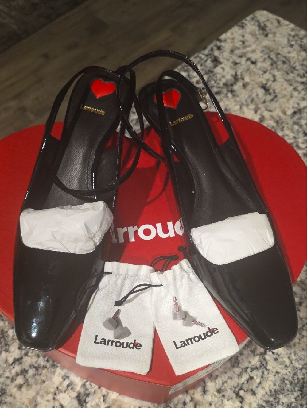 Larroude Black Patent Slingback Heels NWT, Box And extra Heel Backings.